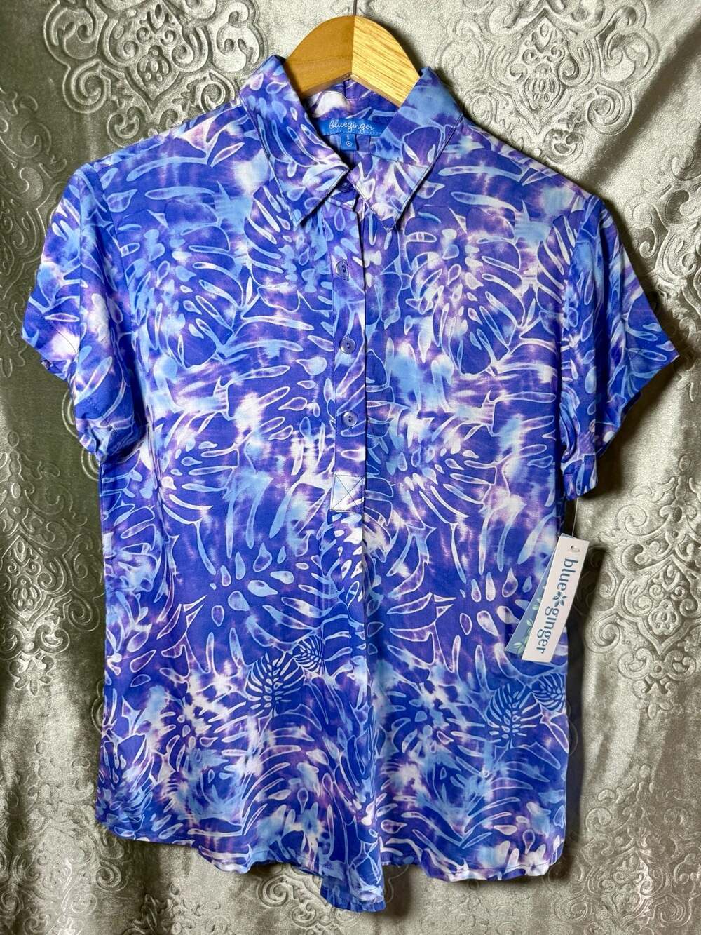 NWT Blue Ginger Ava Blouse Monstera Print Size S